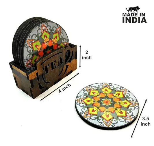 Woodkey Mandala Wooden Coaster Set – 6 Round Tea & Coffee Holders with Wooden Stand | Multicolor Floral Design | Gift & Home Use
