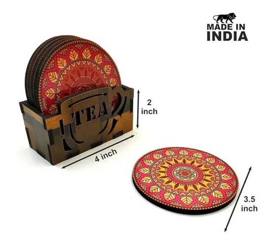 Woodkey Mandala Wooden Coaster Set – Vibrant Round Tea & Coffee Mug Holder with Stand | 3.5x3.5 Inch | Indian Art Design | Gift & Home Us