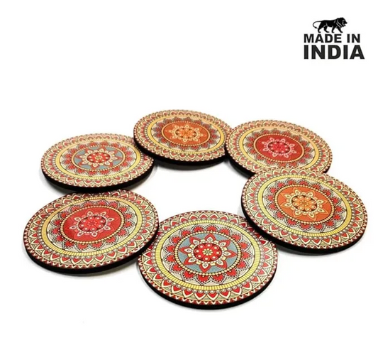 Woodkey Mandala Wooden Coaster Set with Stand – Decorative Tea Cup & Coffee Mug Holder for Home, Office & Gifting | 3.5x3.5 Inch | Handcrafted in Indi