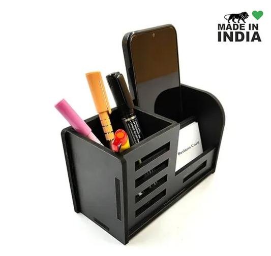 Woodkey Multipurpose Wooden Desk Organizer for Office & Home | Pen Stand with Mobile Holder & Visiting Card Slot – Black Finish