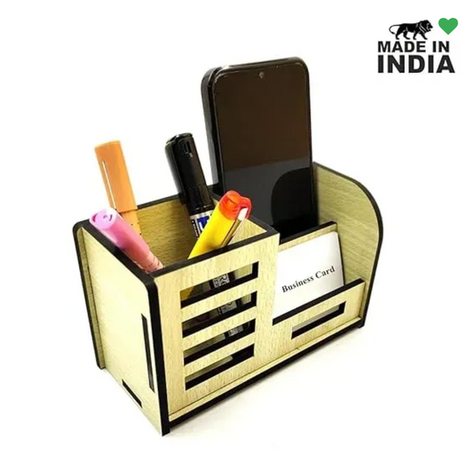 Woodkey Multipurpose Wooden Desk Organizer for Office & Home | Pen Stand with Mobile Holder & Visiting Card Slot – Intal beech Finish