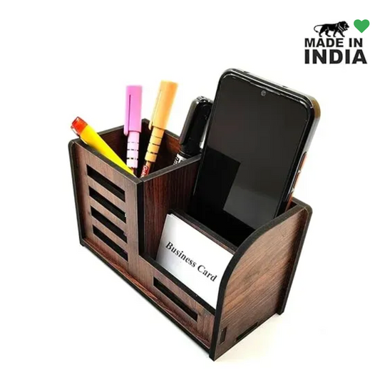 Woodkey Multipurpose Wooden Desk Organizer for Office & Home | Pen Stand with Mobile Holder & Visiting Card Slot – Rolex Darkwood Finish