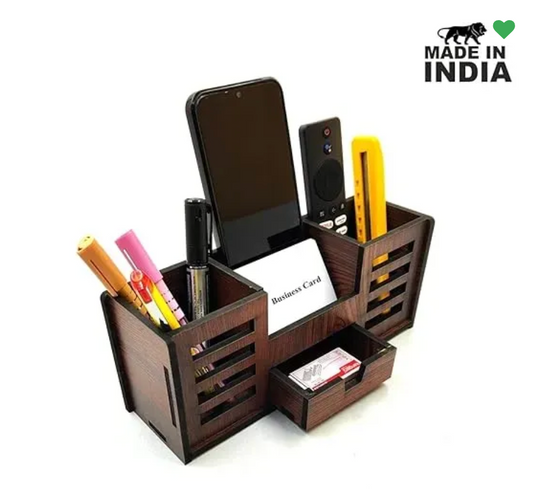 Woodkey Wooden Desk Organizer – 4-in-1 Pen Stand with Drawer, Mobile & Card Holder | Office & Study Table Organizer in Rolex Darkwood Finish