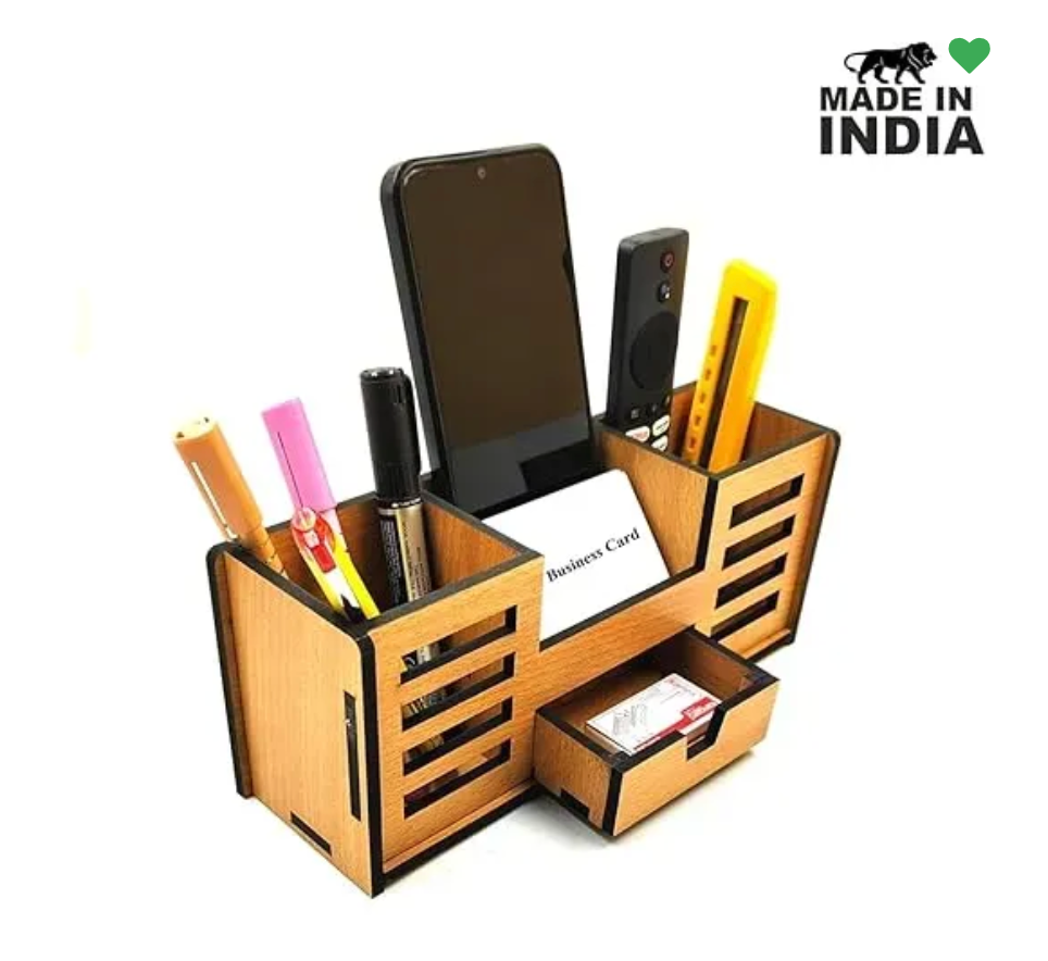 Woodkey Wooden Desk Organizer – Bavarian Beech 4-in-1 Pen Stand with Drawer, Mobile & Card Holder | Multipurpose Office & Study Table Organizer for St