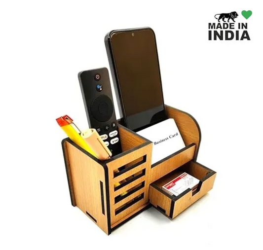 Woodkey Wooden Desk Organizer for Office & Study – 3-in-1 Multipurpose Pen Stand with Drawer, Mobile & Card Holder | Bavarian Beech Finish | Desktop S