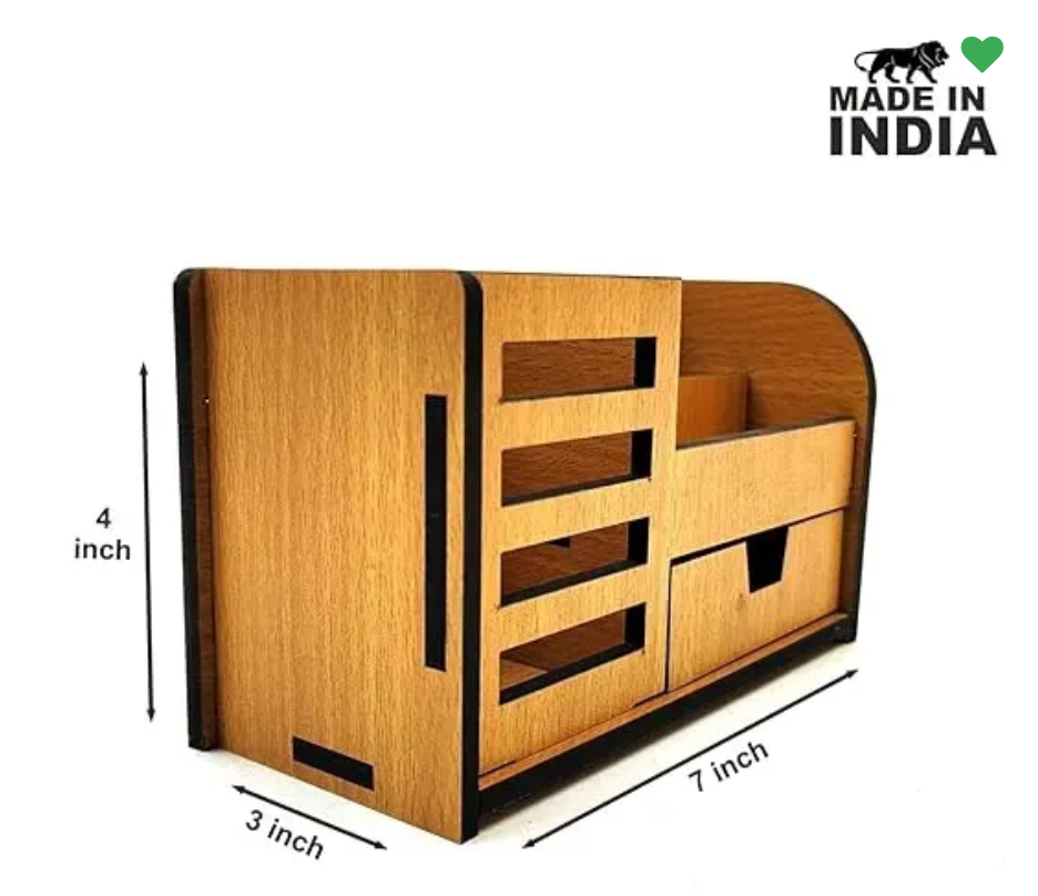 Woodkey Wooden Desk Organizer for Office & Study – 3-in-1 Multipurpose Pen Stand with Drawer, Mobile & Card Holder | Bavarian Beech Finish | Desktop S