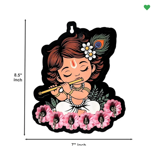 Woodkey Krishna Wooden Key Holder | Baby Krishna Decorative Key Stand with 6 Hooks | Spiritual Wall Hanging Organizer for Home & Office