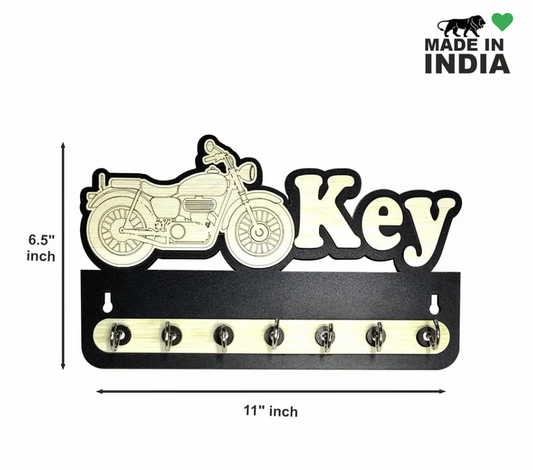 Woodkey Motorcycle Design Wooden Key Holder for Wall | Decorative Bike Theme Key Stand with 7 Hooks | Wall Mounted Key Organizer Rack