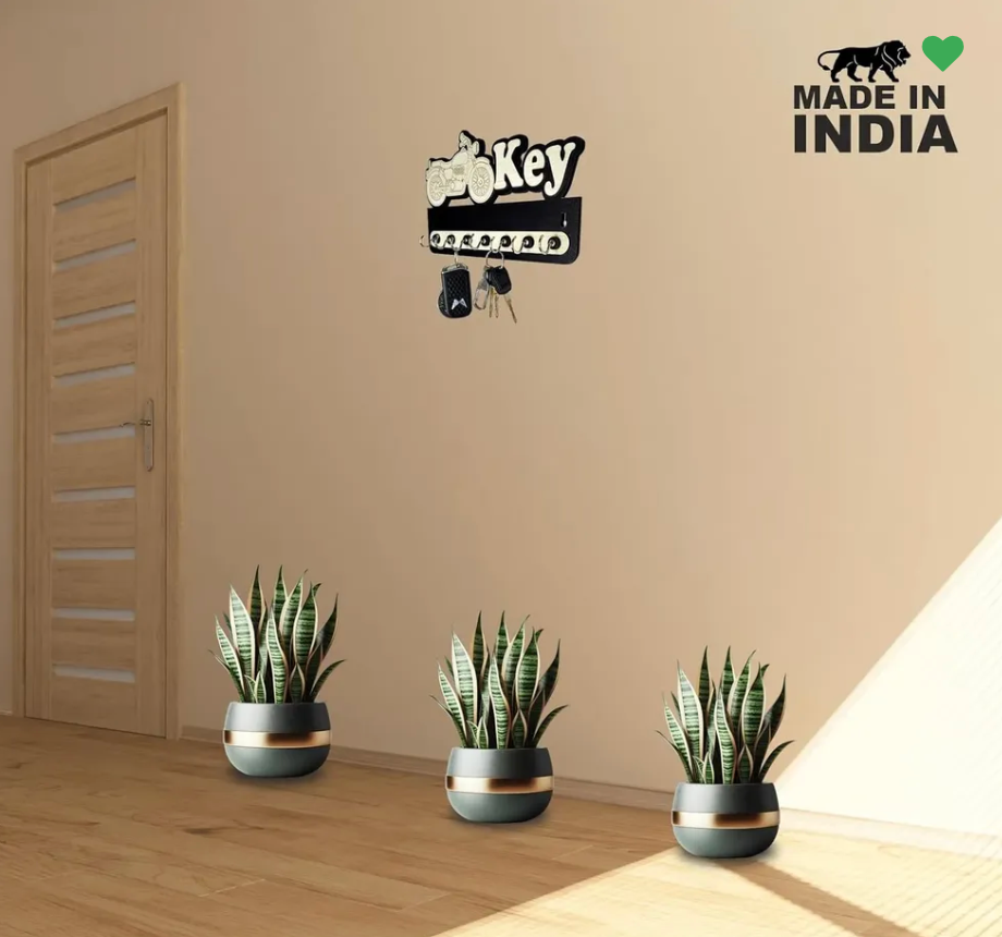 Woodkey Motorcycle Design Wooden Key Holder for Wall | Decorative Bike Theme Key Stand with 7 Hooks | Wall Mounted Key Organizer Rack