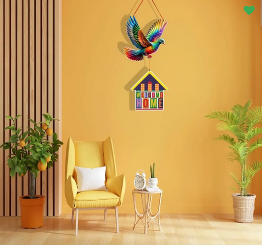 Woodkey “Welcome Home” Hanging Wall Decor | Colorful Bird & House Design | Wooden Decorative Sign for Entrance, Living Room & Balcony Wall Decoration