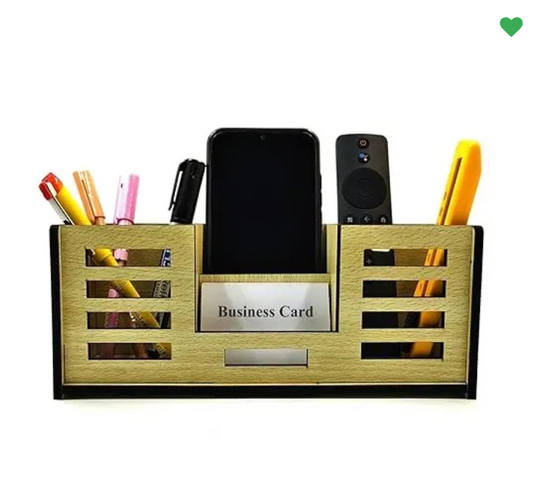 Woodkey 4-in-1 Wooden Desk Organizer | Pen Stand, Mobile Holder, Visiting Card & Stationery Tray | Intal beech Finish | Office & Study Table Accessory