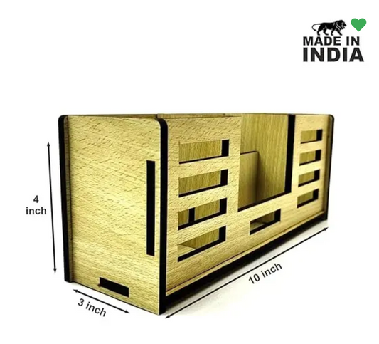 Woodkey 4-in-1 Wooden Desk Organizer | Pen Stand, Mobile Holder, Visiting Card & Stationery Tray | Intal beech Finish | Office & Study Table Accessory