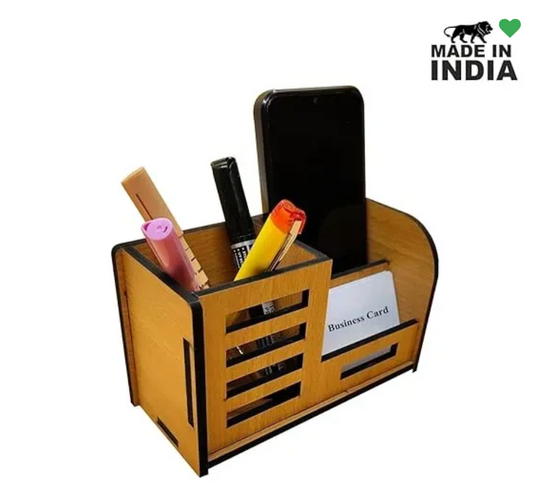 Woodkey Multipurpose Wooden Desk Organizer for Office & Home | Pen Stand with Mobile Holder & Visiting Card Slot – Bavarian Beech Finish
