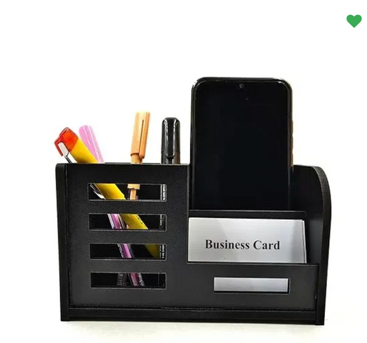 Woodkey Multipurpose Wooden Desk Organizer for Office & Home | Pen Stand with Mobile Holder & Visiting Card Slot – Black Finish