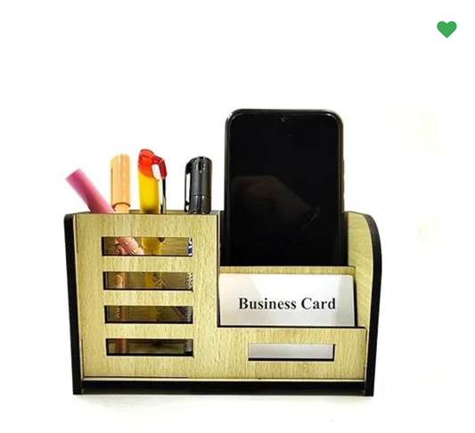 Woodkey Multipurpose Wooden Desk Organizer for Office & Home | Pen Stand with Mobile Holder & Visiting Card Slot – Intal beech Finish