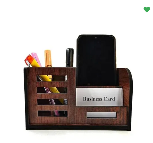 Woodkey Multipurpose Wooden Desk Organizer for Office & Home | Pen Stand with Mobile Holder & Visiting Card Slot – Rolex Darkwood Finish
