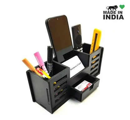 Woodkey Wooden Desk Organizer – 4-in-1 Pen Stand with Drawer, Mobile & Card Holder | Multipurpose Office & Study Table Organizer for Stationery, Pens,