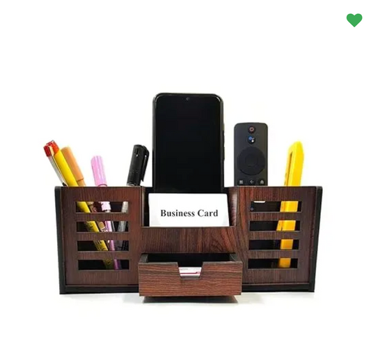 Woodkey Wooden Desk Organizer – 4-in-1 Pen Stand with Drawer, Mobile & Card Holder | Office & Study Table Organizer in Rolex Darkwood Finish