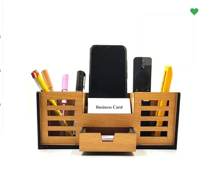 Woodkey Wooden Desk Organizer – Bavarian Beech 4-in-1 Pen Stand with Drawer, Mobile & Card Holder | Multipurpose Office & Study Table Organizer for St