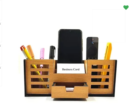 Woodkey Wooden Desk Organizer – Bavarian Beech 4-in-1 Pen Stand with Drawer, Mobile & Card Holder | Multipurpose Office & Study Table Organizer for St