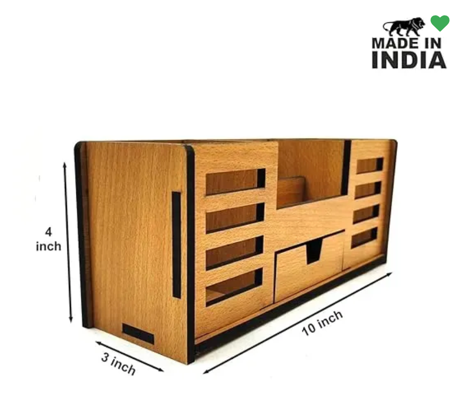 Woodkey Wooden Desk Organizer – Bavarian Beech 4-in-1 Pen Stand with Drawer, Mobile & Card Holder | Multipurpose Office & Study Table Organizer for St