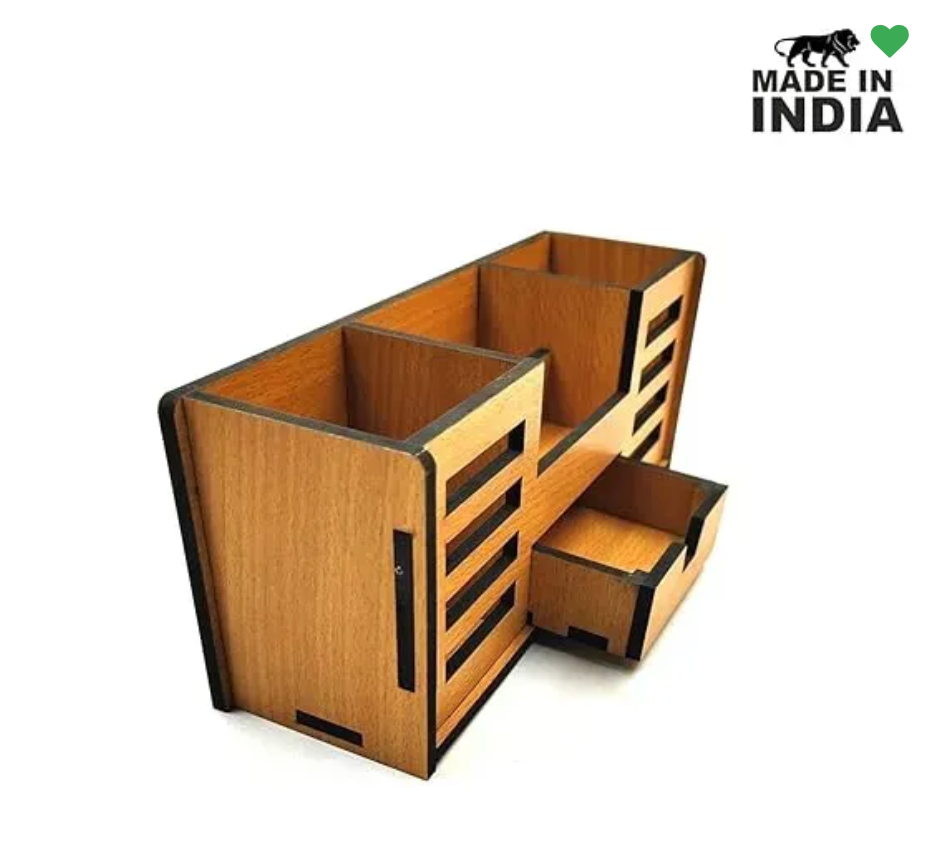 Woodkey Wooden Desk Organizer – Bavarian Beech 4-in-1 Pen Stand with Drawer, Mobile & Card Holder | Multipurpose Office & Study Table Organizer for St