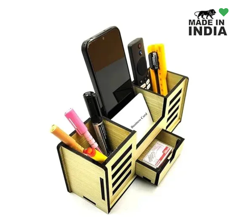 Woodkey Wooden Desk Organizer – Intal Beech 4-in-1 Pen Stand with Drawer, Mobile & Card Holder | Multipurpose Office & Study Table Organizer for Stati