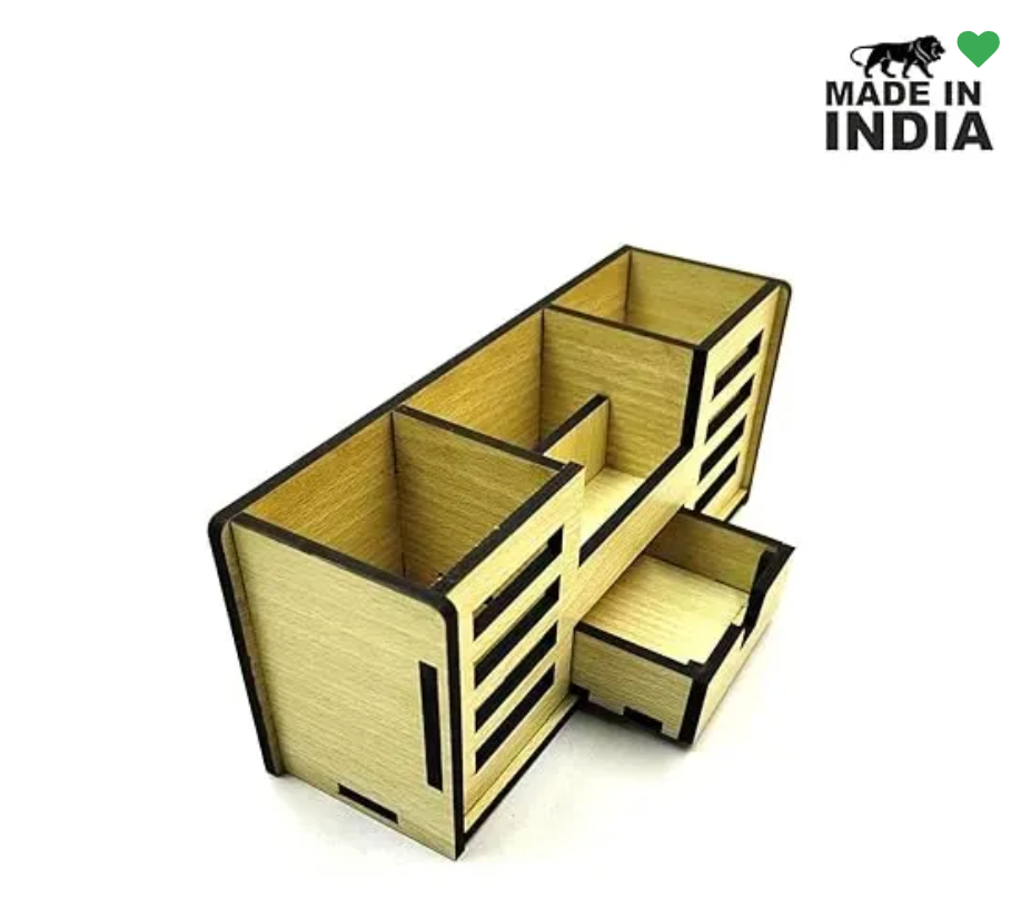 Woodkey Wooden Desk Organizer – Intal Beech 4-in-1 Pen Stand with Drawer, Mobile & Card Holder | Multipurpose Office & Study Table Organizer for Stati