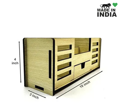 Woodkey Wooden Desk Organizer – Intal Beech 4-in-1 Pen Stand with Drawer, Mobile & Card Holder | Multipurpose Office & Study Table Organizer for Stati