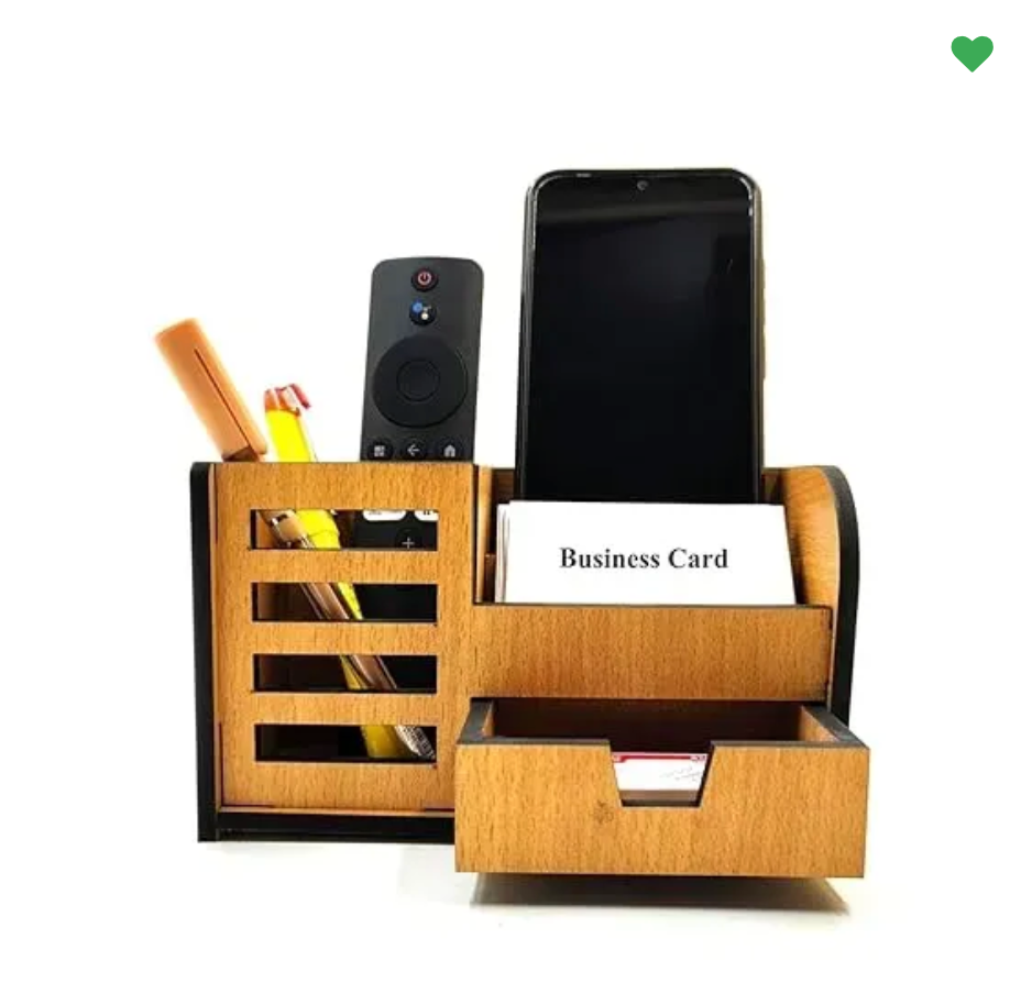 Woodkey Wooden Desk Organizer for Office & Study – 3-in-1 Multipurpose Pen Stand with Drawer, Mobile & Card Holder | Bavarian Beech Finish | Desktop S