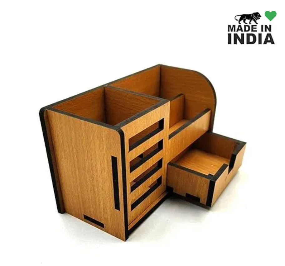 Woodkey Wooden Desk Organizer for Office & Study – 3-in-1 Multipurpose Pen Stand with Drawer, Mobile & Card Holder | Bavarian Beech Finish | Desktop S