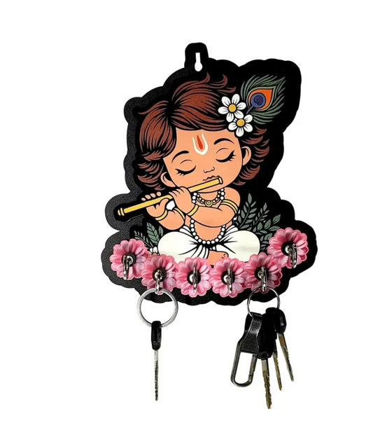 Woodkey Krishna Wooden Key Holder | Baby Krishna Decorative Key Stand with 6 Hooks | Spiritual Wall Hanging Organizer for Home & Office