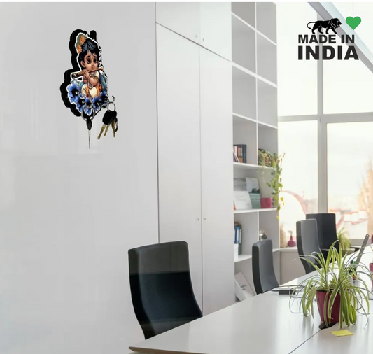 Woodkey Krishna Wooden Key Holder | Baby Krishna Decorative Wall Key Stand with 5 Hooks | Spiritual Organizer for Home & Office