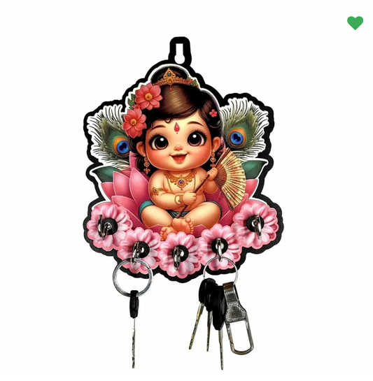 Woodkey Krishna Wooden Key Holder for Wall | Baby Krishna Decorative Wooden Key Stand with 5 Hooks | Spiritual Wall Hanging Key Organizer for Home & O
